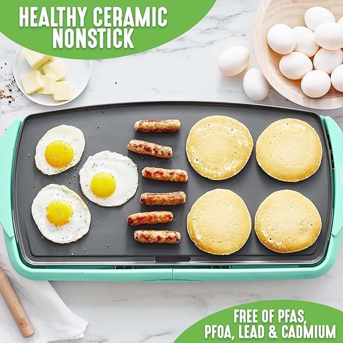 GreenLife 20” Extra Large Electric Griddle, Non-Toxic PFAS & PFOA-Free Ceramic Nonstick, Temperature Control, Quick Even Heating, Removable Drip Tray, Pancakes, Eggs, Sausage, Easy Clean, Turquoise