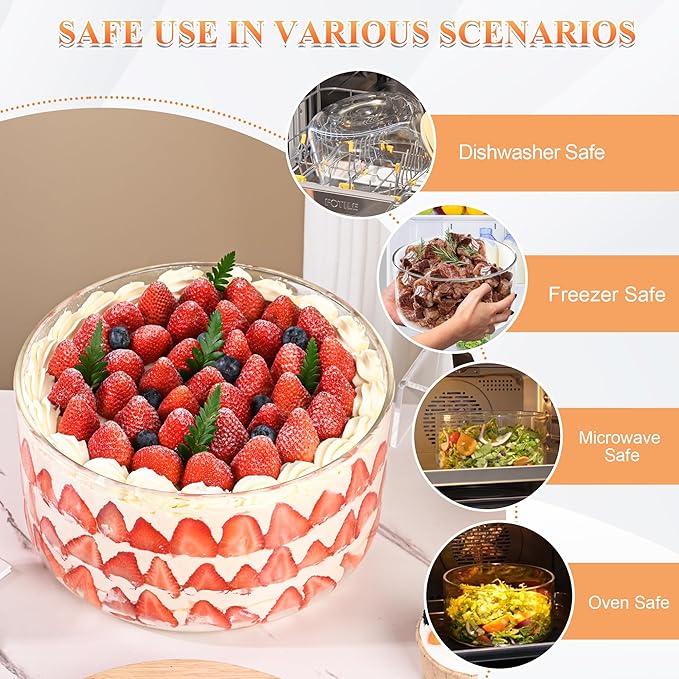 Large Salad Bowl, 10 inch Trifle Bowl Glass 197 oz, Versatile Mixing and Serving Bowls for Laying Ice Cream,Cake,Cupcake,Salad,Fruit,Baking,Dessert and Party Diy, Microwave Safe