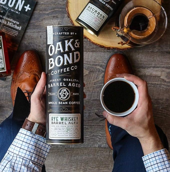 Rye Whiskey Barrel Aged Coffee, Costa Rica Single Origin Small Family Farm Whole Coffee Bean, Medium Roast w/Flavor Notes of Cocoa, Almond, Sweet Rye, Green Apple by Oak & Bond Coffee Co. – 10oz.