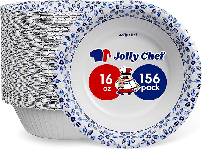 JOLLY CHEF 16 oz Paper Bowls 156 Count Soak Proof, Heavy Duty Printed Disposable Small Bowls Bulk for Dinner or Lunch