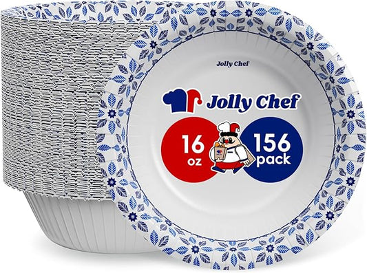 JOLLY CHEF 16 oz Paper Bowls 156 Count Soak Proof, Heavy Duty Printed Disposable Small Bowls Bulk for Dinner or Lunch