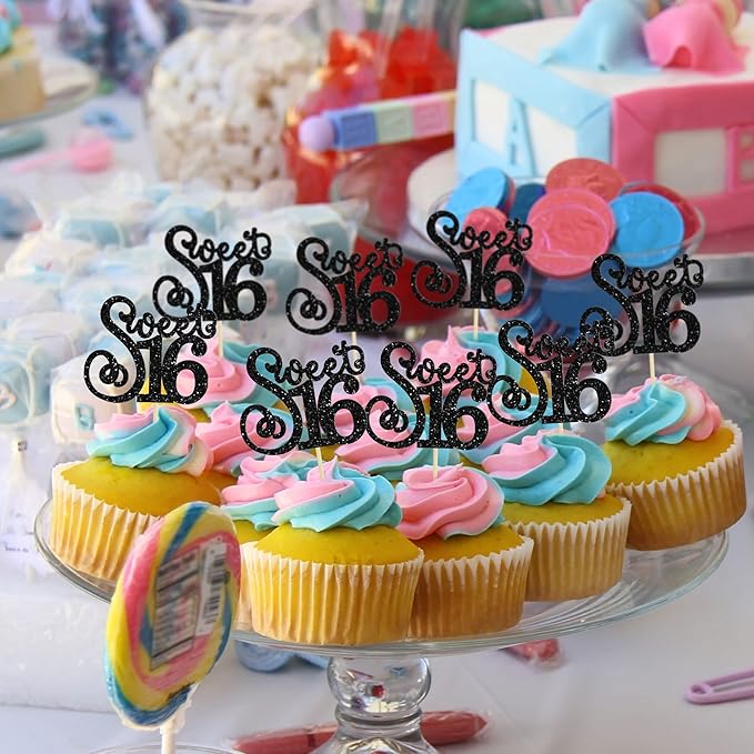 Gyufise 24 Pack 16th Birthday Cupcake Toppers Glitter Sixteen Happy Sweet 16 Cupcake Picks Cheers to 16 Years Old Cupcake Decorations for 16th Birthday Anniversary Party Cake Decorations Black