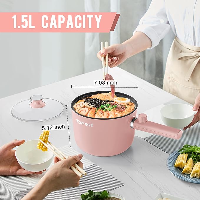 Topwit Hot Pot Electric, 1.5L Ramen Cooker, Portable Non-Stick Frying Pan, Electric Pot for Pasta, Steak, BPA Free, Electric Cooker with Dual Power Control, Over-Heating & Boil Dry Protection, Pink