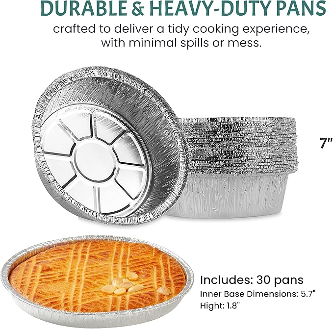 FUNSTITUTION Round Disposable Aluminum Pie Pans (30 Pack) - 7 Inch Disposable Pie Pans - Round Aluminum Foil Pans For Baking, Grilling, Cooking, Storing, Prepping