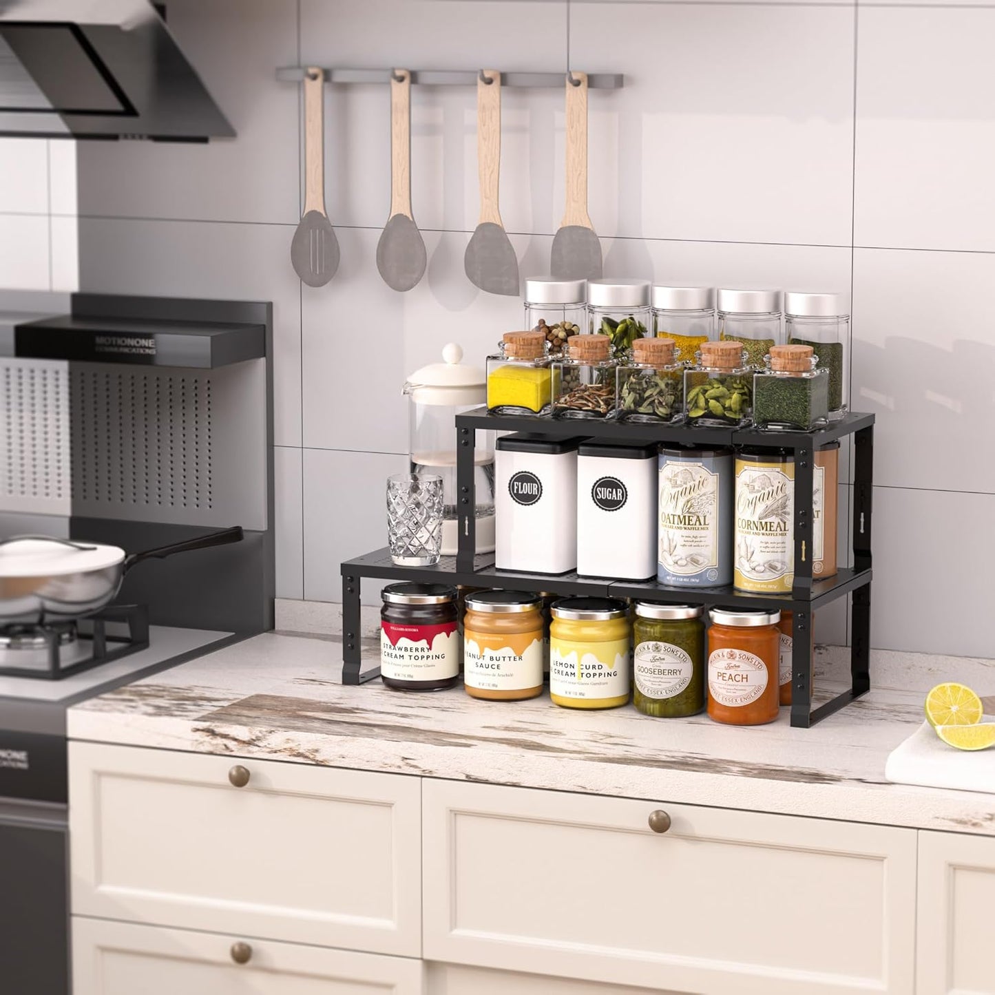 Heavy-Duty Adjustable Metal Shelf Organizer - Expandable & Stackable Pantry Storage Rack for Kitchen, Bathroom, RV, Cabinets(2 Packs/Black, Large)