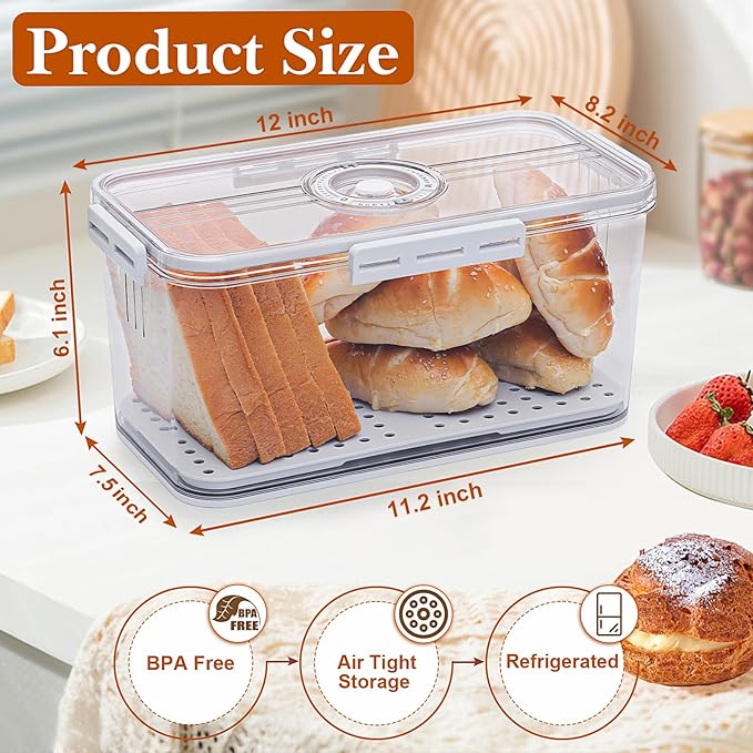Bread Box for Homemade Bread Boxes for Kitchen Counter Airtight, Time Recording Bread Storage Container with Lid, Bread Containers Storage Airtight Loaf Bread Keeper, Large, White