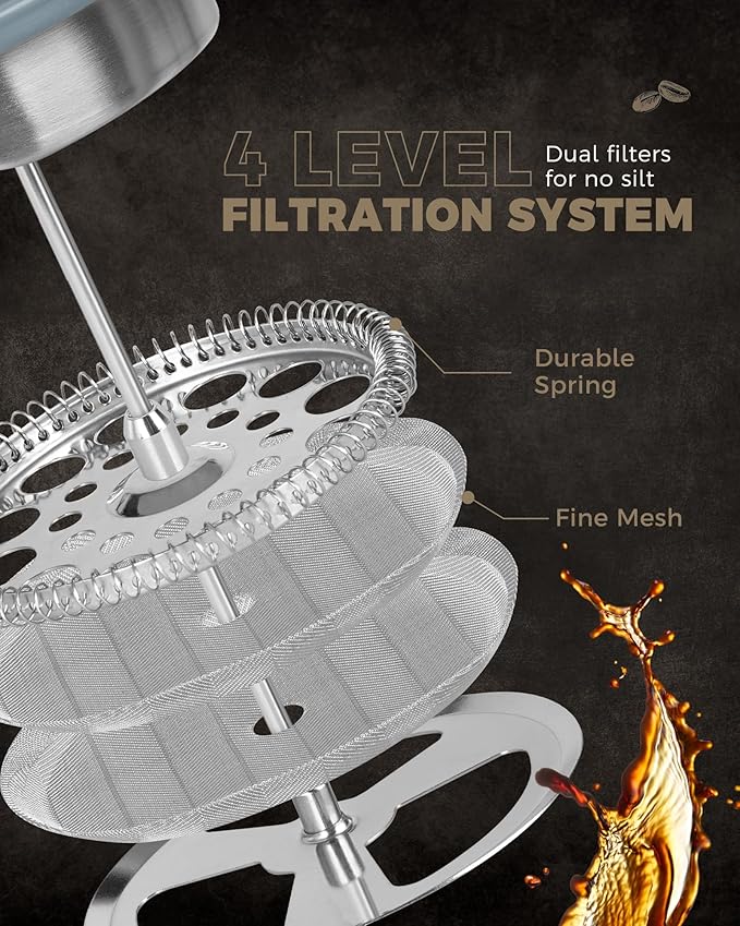 POLIVIAR French Press Coffee Maker, 34 oz Coffee Press with Real Wood Handle, Double Wall Insulation & Dual-Filter Screen, Food Grade Stainless Steel for Good Coffee and Tea (Alpline)