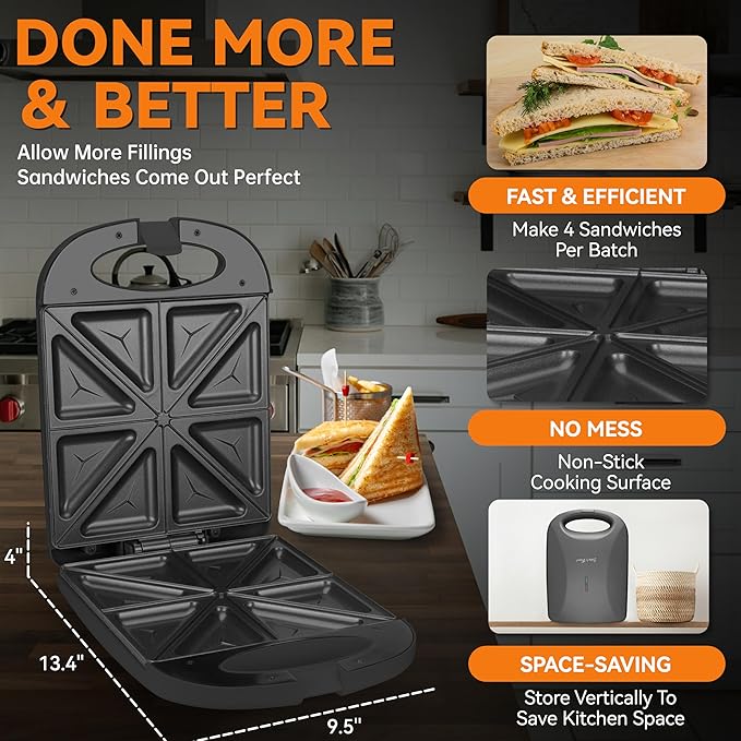 Baker’s Friend Breakfast Sandwich Maker, 4 Slices of Panini Grill Press Sandwich Maker, Electric Sandwich Maker with Indicator Light, Grill Cheese & Egg Muffin Sandwich Maker, Graphite