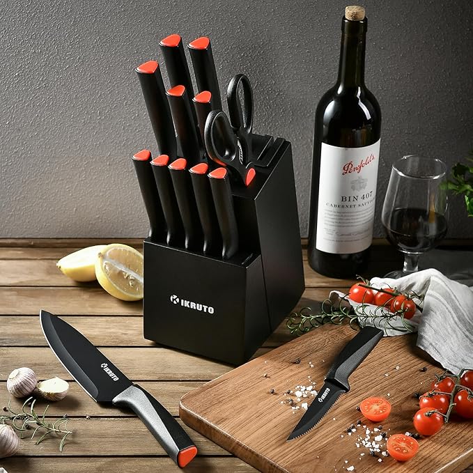 15-Piece Professional Kitchen Knife Set with Block – Built-in Sharpener, Anti-Slip Handles, Non-Slip Base – Effortless Cooking Tools for Chefs & Home Cooks (Black Red)