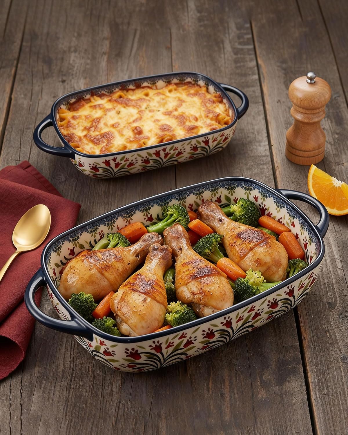 Polish Pottery Style Ceramic Baking Dish Set of 2 – Decorative Casserole Dishes with Handles, Cute Oven-Safe Lasagna Bakeware Gift Set