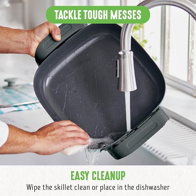 GreenLife 12" 5QT Square Electric Skillet, Glass Vented Lid, Ceramic PFAS-Free Nonstick Coated Interior, Adjustable Temperature Control, Cool Touch Handles, Quick Even Heating, Scratch Resistant,Black