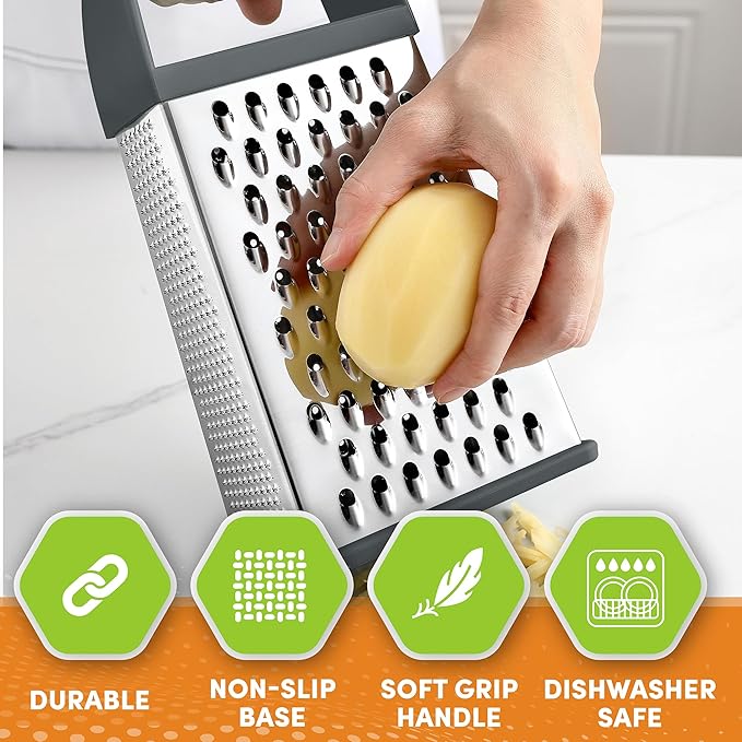 Spring Chef Professional Gray 10" Stainless Steel Parmesan Cheese Grater with Handle, 4 Sided Handheld Box Grater, Kitchen Carrot Shredder for Potato, Cheese, Ginger, Vegetables, Hashbrown