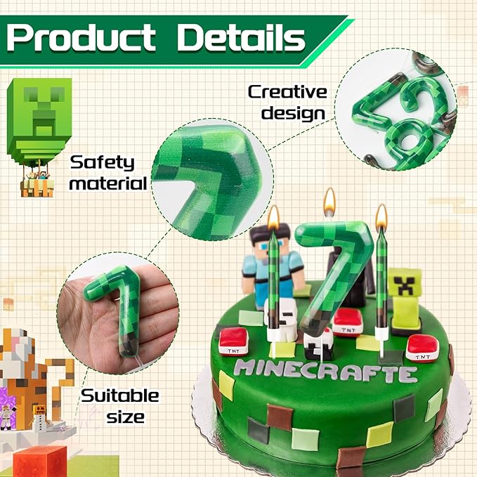 13 Pcs Dynamite Themed Birthday Cake Candles & Number 7 Candle Topper for Pixel Theme Birthday Party