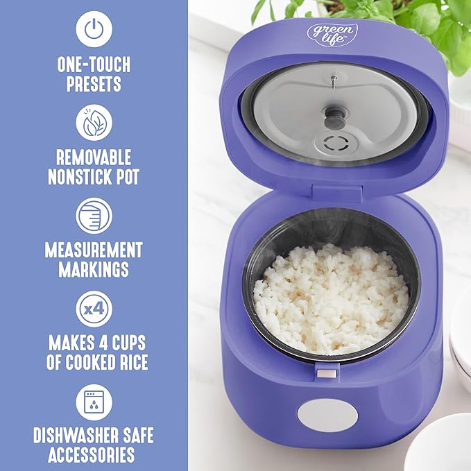 GreenLife Digital Rice Cooker, 2-Cups Uncooked/4-Cups Cooked, Removable Nonstick Ceramic PFAS-Free Pot, One-Touch Presets, Oats, Quinoa, Brown Rice, Auto Keep Warm, Fuzzy Logic Tech, 1.5 QT, Periwinkle