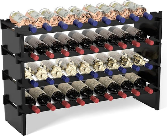 Domax Wine Rack Freestanding Floor - 36 Bottle Wooden Stackable Wine Storage Holder for Cabinet, Bar, Pantry and Cellar 33.5 inch Wide(Black)