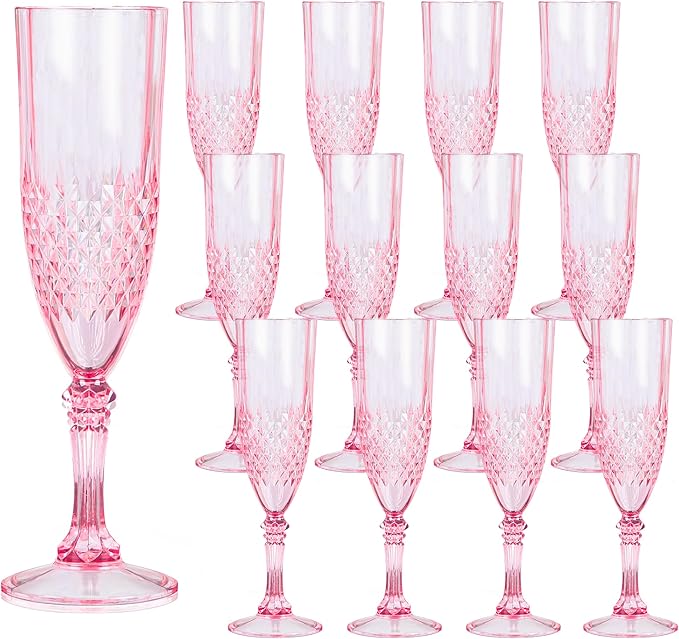 Plastic Champagne Flutes, 12PCS Pink Plastic Wine Glasses Goblets Reusable Champagne Flute for Weddings, Bachelor Parties, Toasting, and Events(12, Pink)