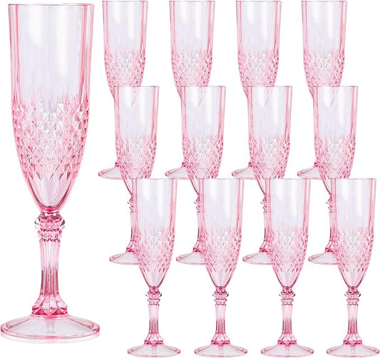 Plastic Champagne Flutes, 12PCS Pink Plastic Wine Glasses Goblets Reusable Champagne Flute for Weddings, Bachelor Parties, Toasting, and Events(12, Pink)