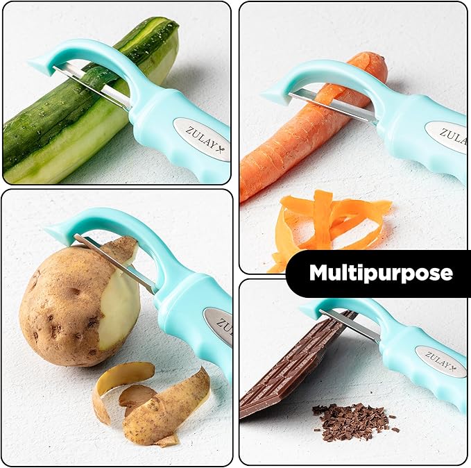 Zulay Kitchen Premium Vegetable Peeler for Kitchen - Swivel Peeler with Razor Sharp Stainless Steel Blades & Strong Ergonomic Handle - Dishwasher Safe, Easy To Use with Blemish Remover - Light Blue