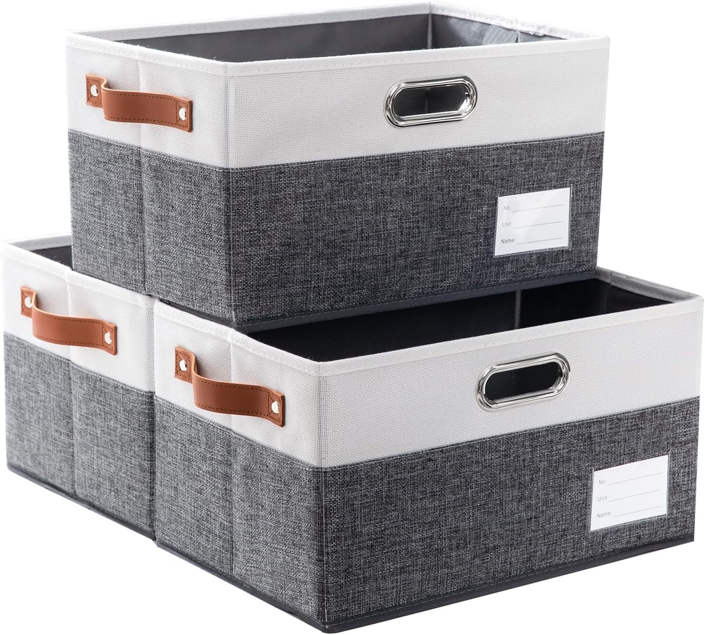 PRANDOM Foldable Storage Bins with Handles [3-Pack] Fabric Collapsible Storage Boxes Baskets Cubes Containers with Handles for Closet Living Room Bedroom (Grey & White 14.9x9.8x8.3'')