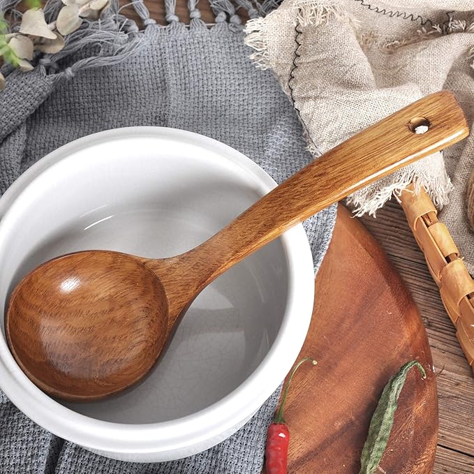 FJNATINH Wooden Ladle with Long Handle, Handmade Soup Ladle for Cooking Kitchen Cookware