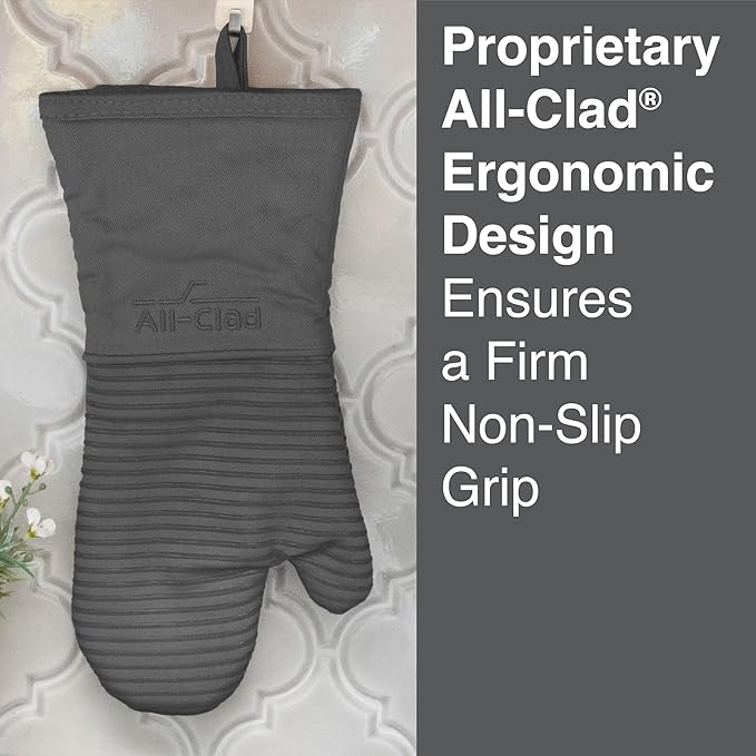 All Clad Silicone Oven Mitt: Heat Resistant up to 500 Degrees - 100% Cotton & Silicone, 14"x7" Oven Mitt for Kitchen and Barbeque, 1-Pack, Pewter