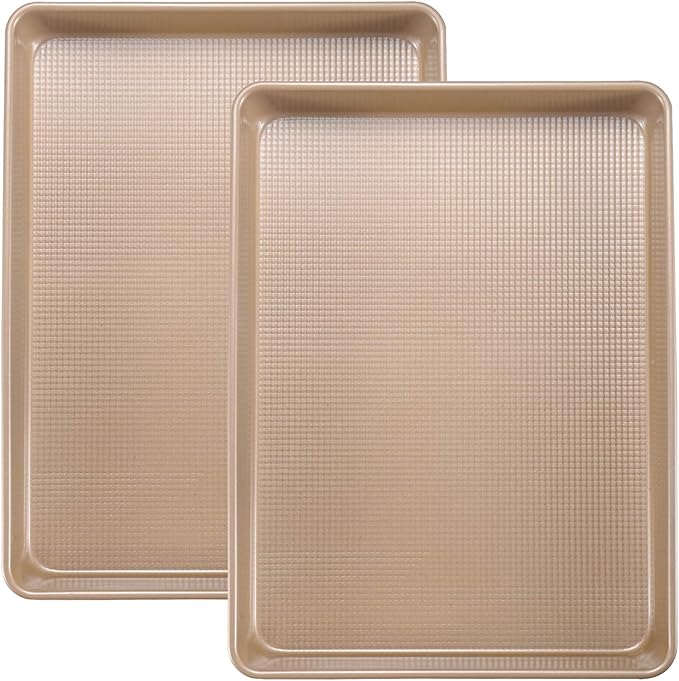 2 Pack Jelly Roll Pan 15x10 Inch, Diamond Texture Nonstick Cookie Sheet, 0.8mm Thick Heavy Duty Steel Baking Tray, Commercial Gold Baking Pans