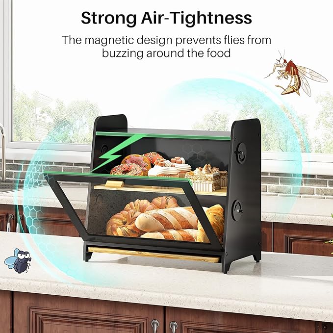 SNTD Bread Box, Wooden Bread Storage Container for Kitchen Countertop with Bamboo Cutting Board, Black (L)