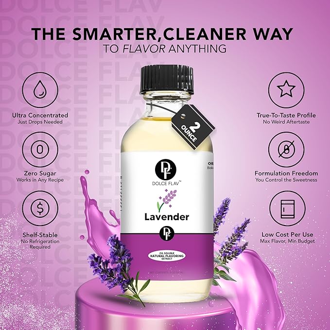 Dolce Flav Natural Lavender Extract – 2 Ounce Oil-Soluble Kosher, Sugar-Free, Concentrated Floral Lavender Flavoring for Baking, Chocolates & Desserts, Includes Measured Dropper
