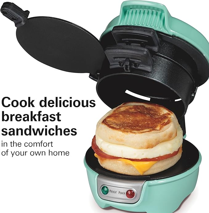 Hamilton Beach Breakfast Sandwich Maker with Egg Cooker Ring, Customize Ingredients, Perfect for English Muffins, Croissants, Mini Waffles, Perfect White Elephant Gifts, Mint (25482)