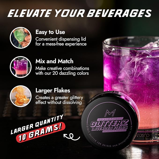 MONÉGASQUE Lavender Purple Edible Glitter for Drinks 10g – Purple Edible Glitter for Cakes & Cocktails – Halloween Cocktail Drink Shimmer – Food Decorating Sprinkles & Cake Decorations Spray Toppers