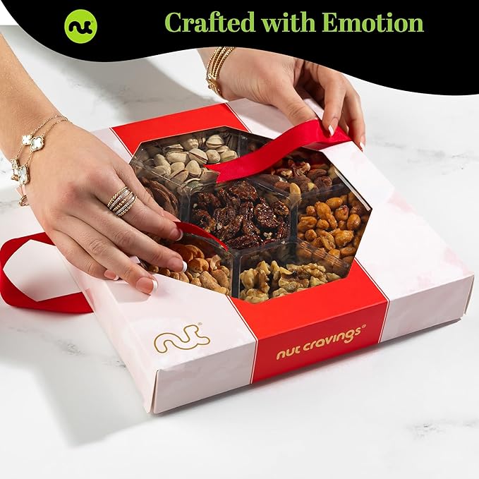 NUT CRAVINGS - Mixed Nuts Gift Basket in Red Gold Box (7 Assortments, 2 LB) Food Arrangement, Healthy Snack Care Package, Food Assortments
