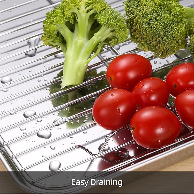 Baking Sheet with Cooling Rack Set of 6, 3 Premium Stainless Steel Cookie Sheets and 3 Wire Racks, Kitchen Nonstick Baking Pans Set Includes 3 Different Sizes, Heavy Duty Non Toxic