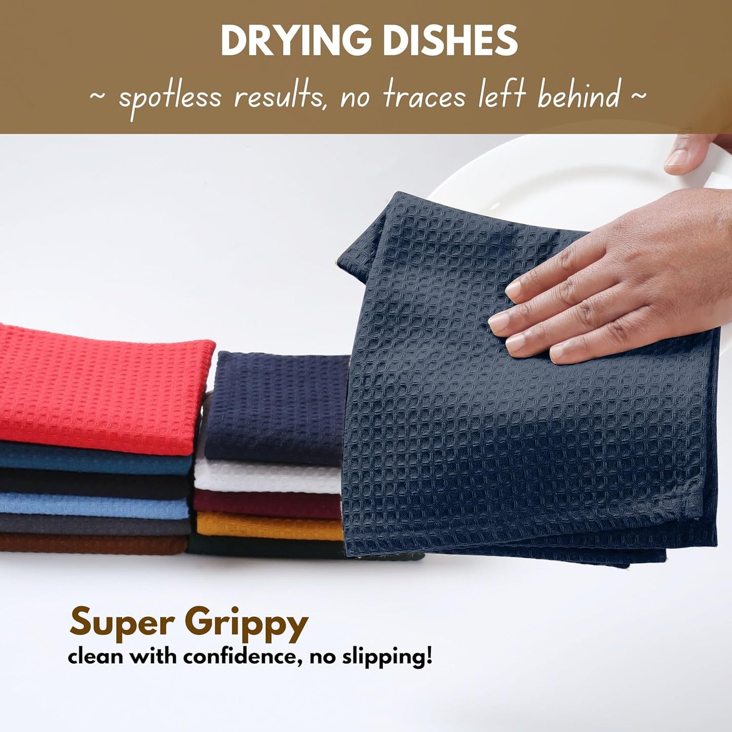 Native Fab Cotton Kitchen Towel with Hanging Loop 16x26 inches, 12-Pack, Waffle Weave Kitchen Towels for Cleaning Drying, Washcloths Soft & Absorbent Cloth Rags, Bar Towel, Dish Cloth, Navy