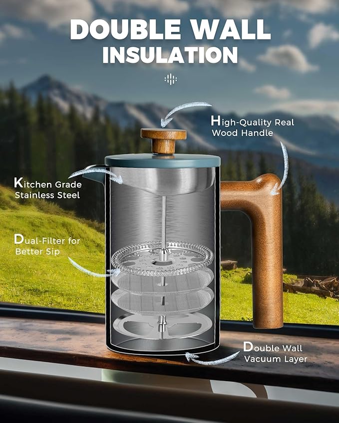 POLIVIAR French Press Coffee Maker, 21 oz Coffee Press with Real Wood Handle, Double Wall Insulation & Dual-Filter Screen, Food Grade Stainless Steel for Good Coffe and Tea, JX2024-SFPU