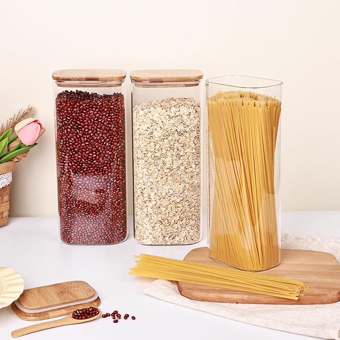 Liuruiyu Glass Storage Jars Set of 3, Clear Glass Food Storage Containers with Airtight Bamboo Lid Stackable Kitchen Canisters for Candy,Cookie,Rice,Sugar,Flour,Pasta(Flat)