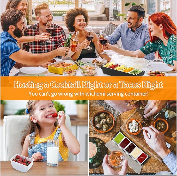 WICHEMI Fruit, Veggie & Condiment Caddy with Lid Dispenser Tray Garnish Station for Bartending & Serving Taco, Ice Cream, Salad Bar - Topping Organizer for Restaurant Supplies (5 Compartment, 2 Pack)