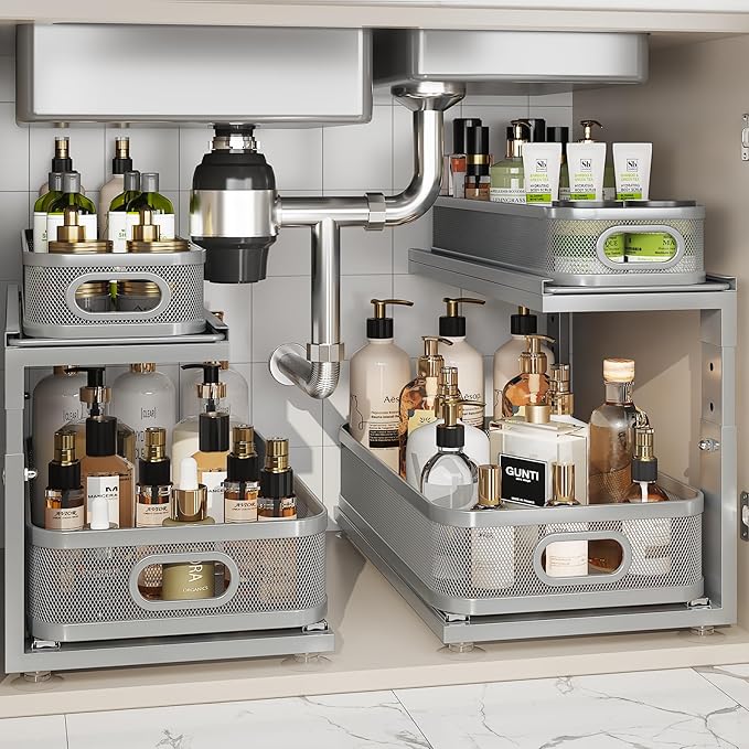 2 Pack 18.5IN-Depth Under Sink Organizer With Next-Gen Ball-Bearing Slides,2-Tier Precision Mesh Pull Out Cabinet Storage for Bathroom&Kitchen,Height Adjustable Drawers Shelf,Anti-rust-Grey