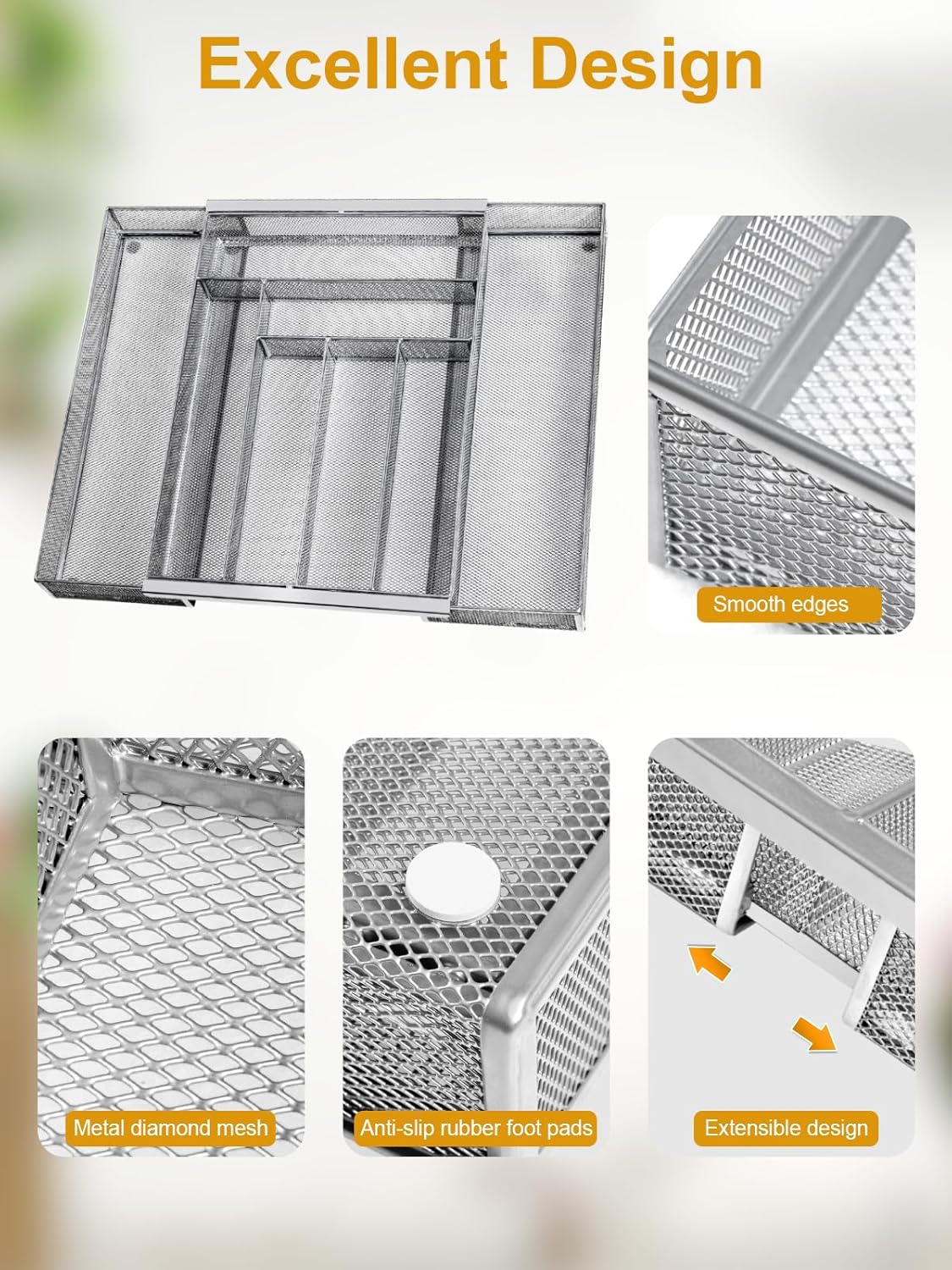 Silverware Organizer Metal Mesh, Large Drawer Organizer, Utensil Cutlery Tray for kitchen drawers, Expandable Flatware Organizer with 8 Compartment Silver 11.6"~20" x 17.3"
