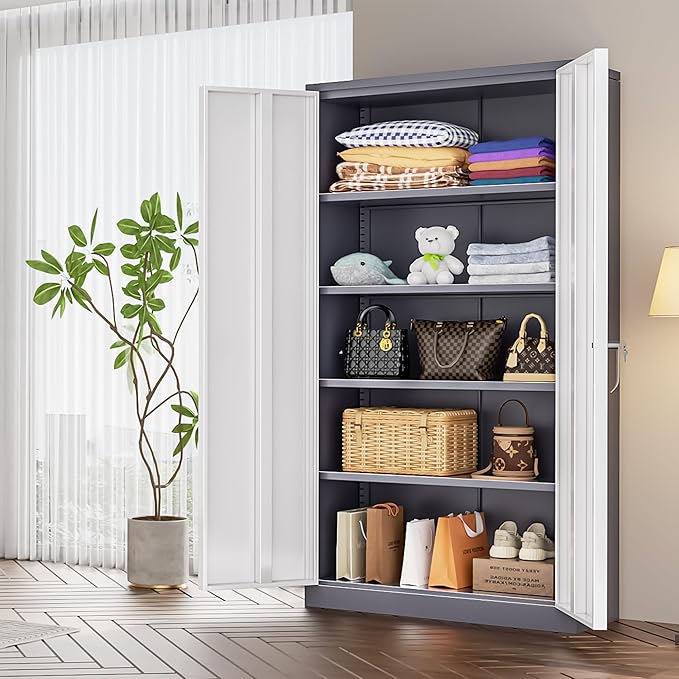 INTERGREAT Metal Garage Storage Cabinet, Black Lockable File Cabinet with 2 Doors and 4 Adjustable Shelves, Tall Steel Tool Cabinets for Office, Home, Garage, School, Gym