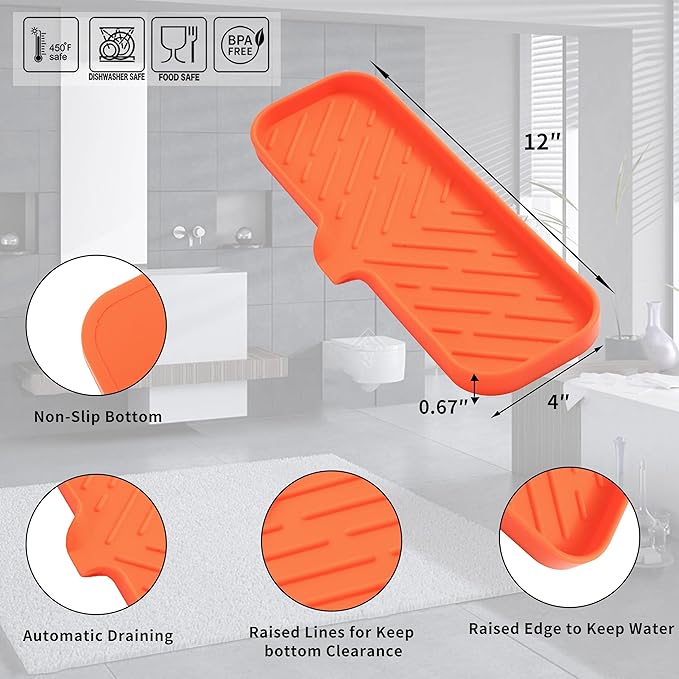 Silicone Bathroom Soap Dishes with Drain Spout-Bathroom and Kitchen Sink Organizer,Sponge Holder,Dish Soap Tray,Perfect for Dispenser,Scrubber,Bottle,Cup on Sink or Counter-Orange 12"×4"