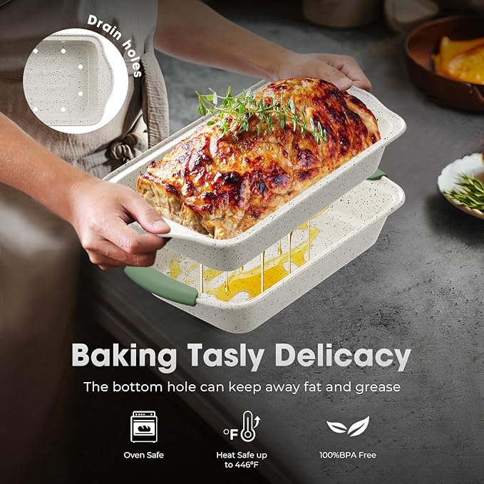 11-Piece Non-Toxic Baking Set, Stackable Nonstick Cookware with Heat-Resistant Handles - Includes Cookie Tray, Round Cake Pan, Muffin Cups, Pizza Pan & Loaf Baker, White&Light Green