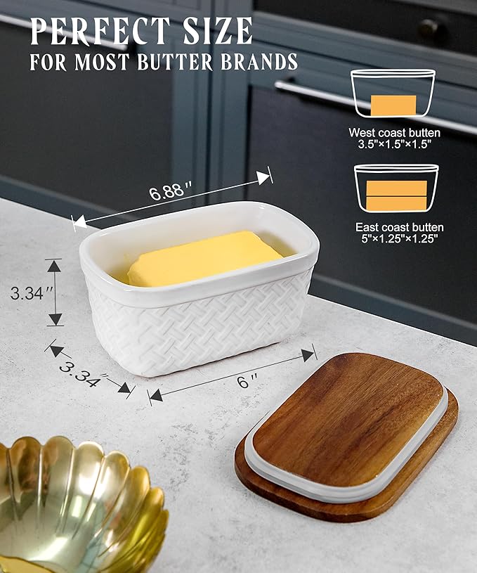 Nucookery Ceramic Butter Dish, Embossed Butter Keeper with Wood Lid for Countertop, Butter Holder and Container with Double Silicone Seal, Woven Pattern