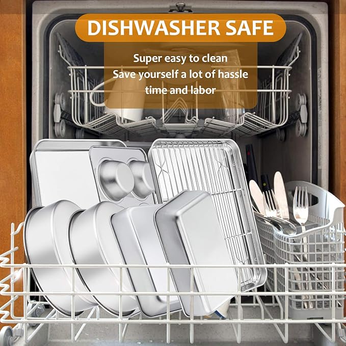 E-far Stainless Steel Baking Pan Set, 9-Piece Bakeware Sets for Cake Cookie Loaf Muffin, Include Round, Square, Rectangle Baking Sheet Pan with Lid & Cooling Rack, Dishwasher Safe