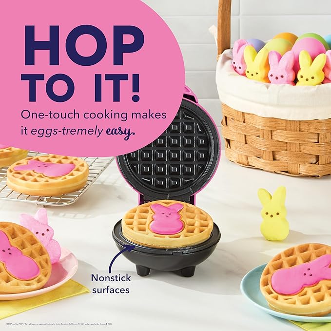PEEPS x Dash Bunny Mini Waffle Maker for Individual Waffles, Hash Browns, Keto Chaffles with Easy to Clean, Non-Stick Surfaces, 4 Inch - Pink