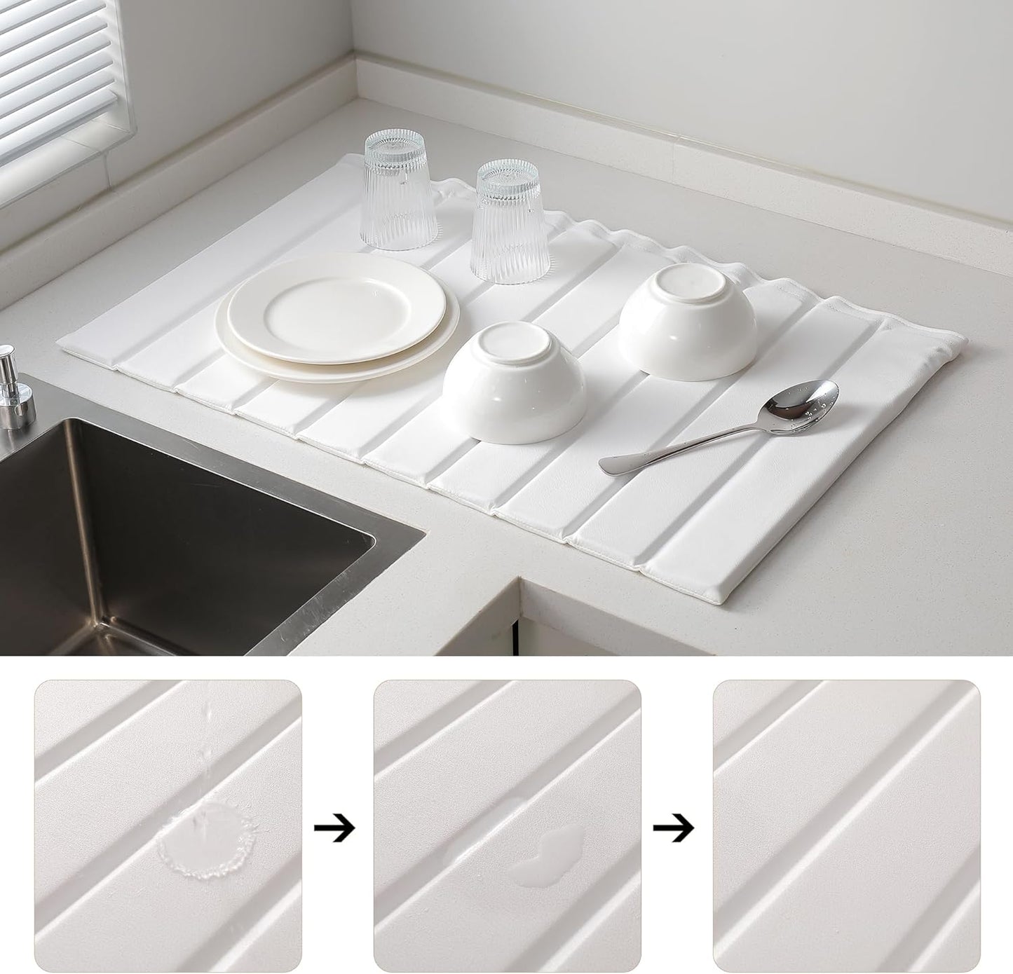 Stone Drying Mat for Kitchen Counter, Collapsible Diatomaceous Earth Dish Drying Mats, Supe Absorbent Quick Dry Stone Mat Kitchen，PU Leather Surface Removable and washable (White, 23.6”x15.4”)