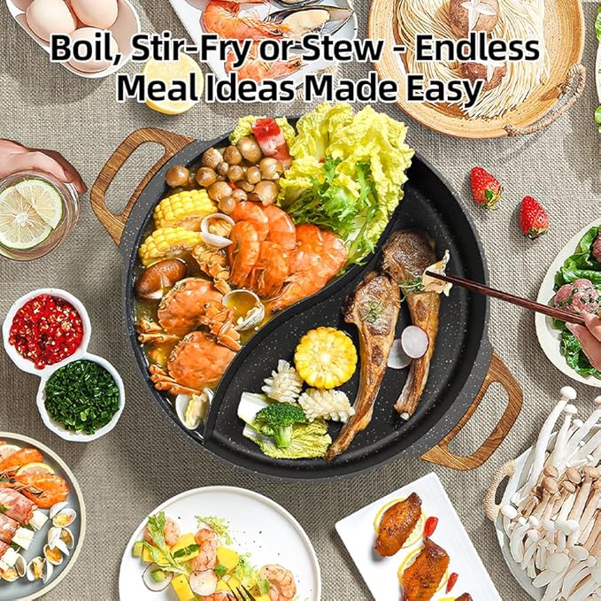 AORAN Electric Hot Pot with Divider, 1350W 8L Nonstick Smokeless Cooker for Shabu Shabu & Fondue, Multi-Function Cookware with Soup Ladle, Strainer, Includes Tongs - Easy to Clean, Black