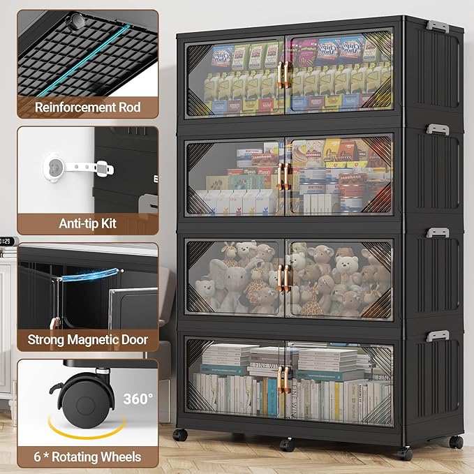 275Gal Plastic Stackable Storage Bins with Lid, 1100QT Extra Large Closet Organizers Collapsible Cabinets Boxes With Drawers, Foldable Containers with 6x Wheels for Home Kitchen, V60 5Pack Black