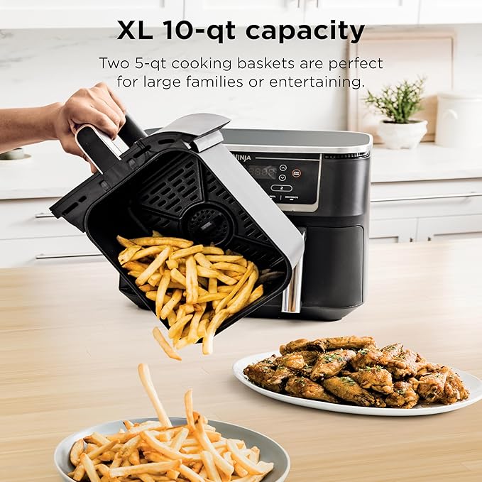 Ninja | Air Fryer | Finish Cooking Multiple Foods at the Same Time | 6-in-1 (Air Fry, Broil, Roast, Keep Warm, Dehydrate, Bake) | Fit up to 8lb Chicken Wings in the two 5 QT Baskets | DZ302