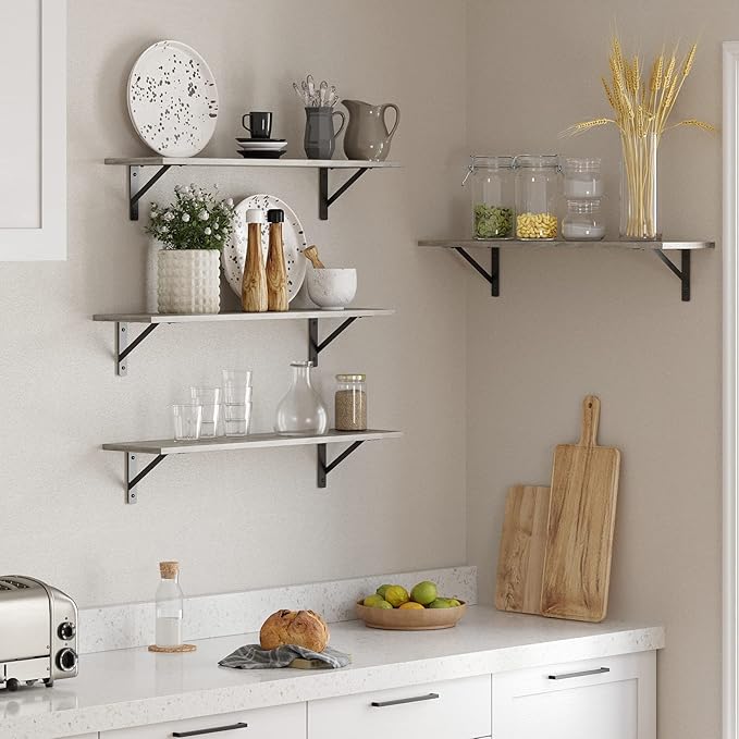 DINZI LVJ Wall Shelves, 23.6 x 7.9 x 6.1 Inch Floating Shelves for Wall, Set of 2, Easy-to-Install Wall Storage Ledges with Sturdy Metal Brackets for Living Room, Bathroom, Kitchen, Gray Wash