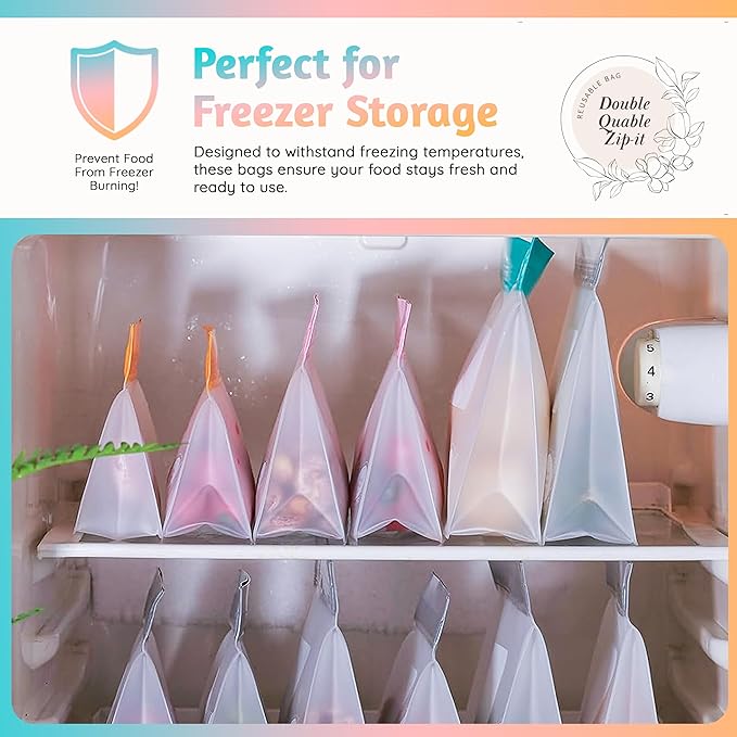 Reusable Silicone Food Storage Bags 8-Pack – BPA-Free Freezer & Dishwasher Safe, Leakproof Stand-Up Snack Bags 2 Gl + 2 L, 4 M– Eco-Friendly Airtight Ziplock Bags for Kitchen & Travel(Multicolor)